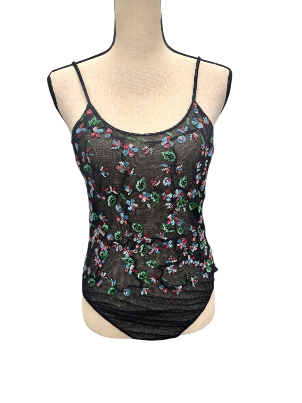 VINTAGE GIORGIO ARMANI BLACK MESH NET BODYSUIT W MULTICOLOR BEADED FLORAL DESIGN
